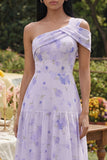 Lilac One Shoulder Floral A Line Maxi Wedding Guest Dress