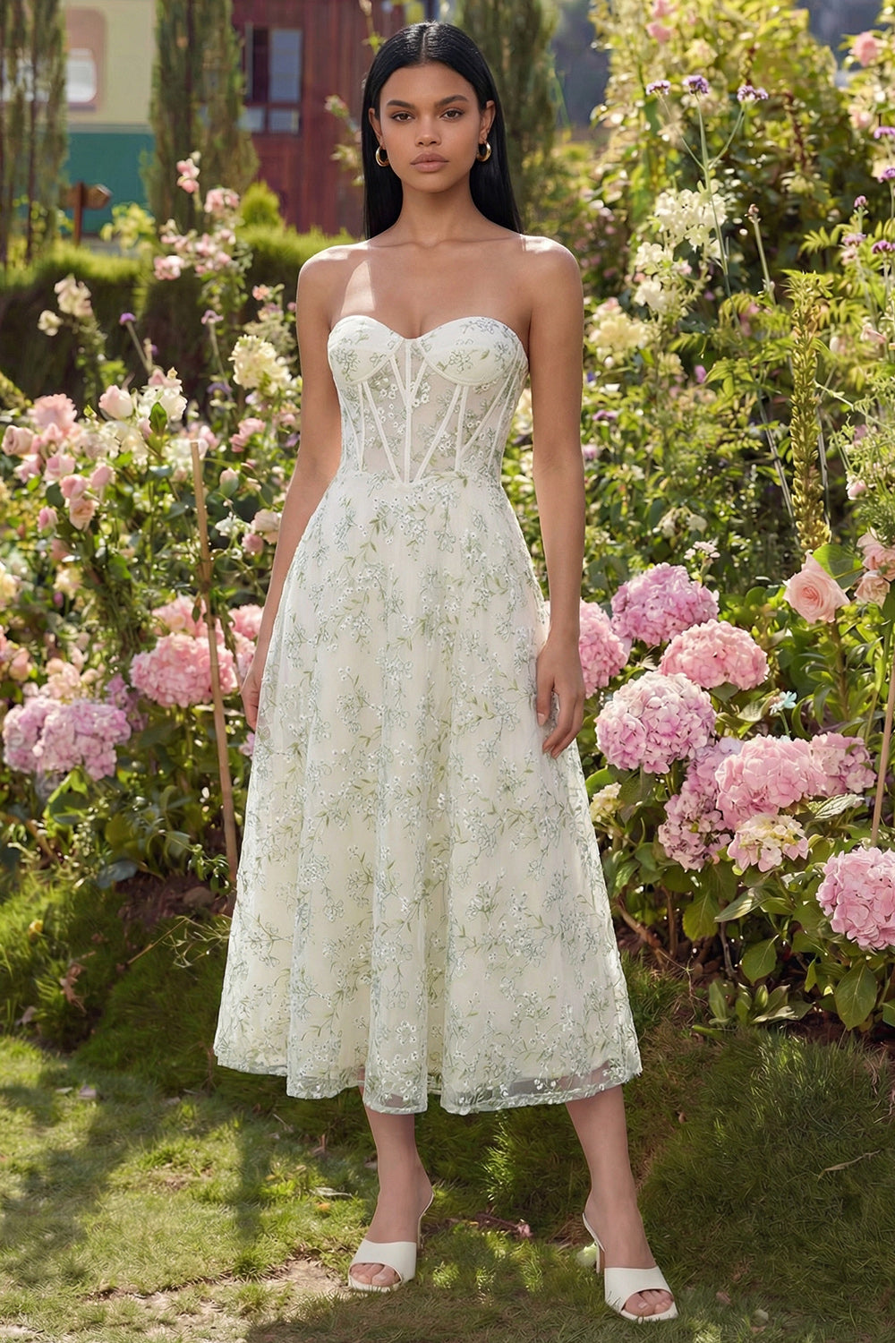Light Green Corset Sweetheart Maxi A Line Floral Wedding Guest Dress