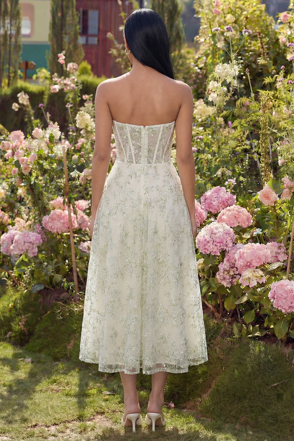 Light Green Corset Sweetheart Maxi A Line Floral Wedding Guest Dress