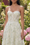 Light Green Corset Sweetheart Maxi A Line Floral Wedding Guest Dress