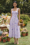 Lilac Floral Square Neck A Line Maxi Wedding Guest Dress