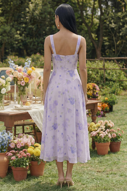 Lilac Floral Square Neck A Line Maxi Wedding Guest Dress