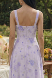Lilac Floral Square Neck A Line Maxi Wedding Guest Dress