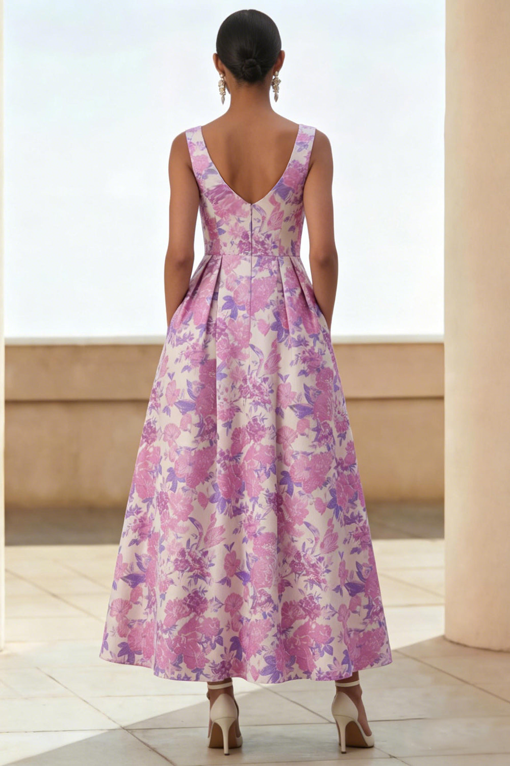 Lilac Flower Scoop Neck A Line Maxi Wedding Guest Dress with Pockets