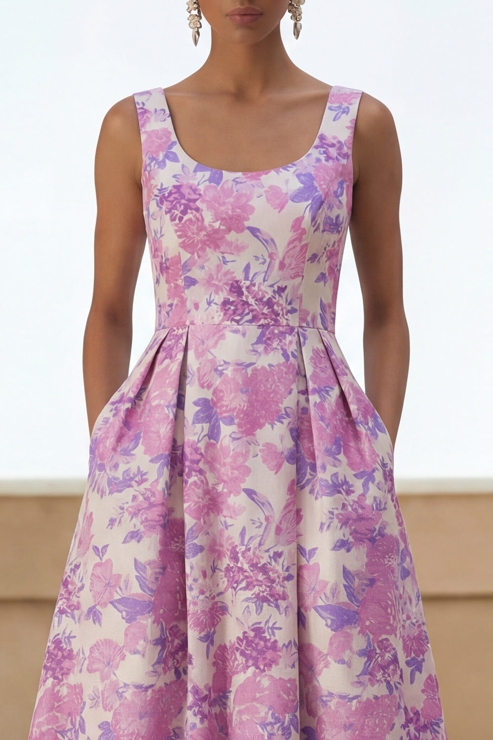 Lilac Flower Scoop Neck A Line Maxi Wedding Guest Dress with Pockets