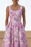Lilac Flower Scoop Neck A Line Maxi Wedding Guest Dress with Pockets