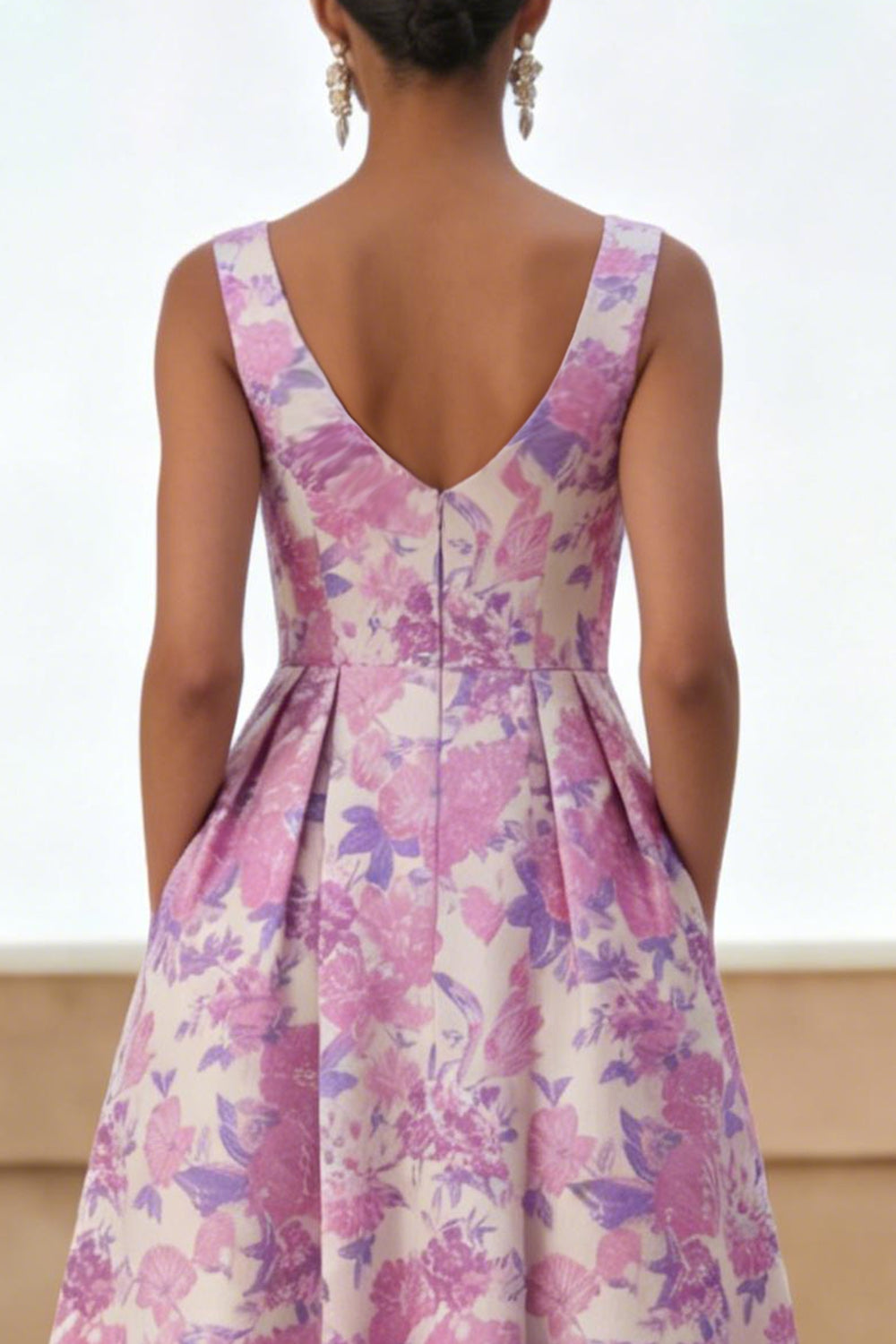 Lilac Flower Scoop Neck A Line Maxi Wedding Guest Dress with Pockets