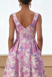 Lilac Flower Scoop Neck A Line Maxi Wedding Guest Dress with Pockets