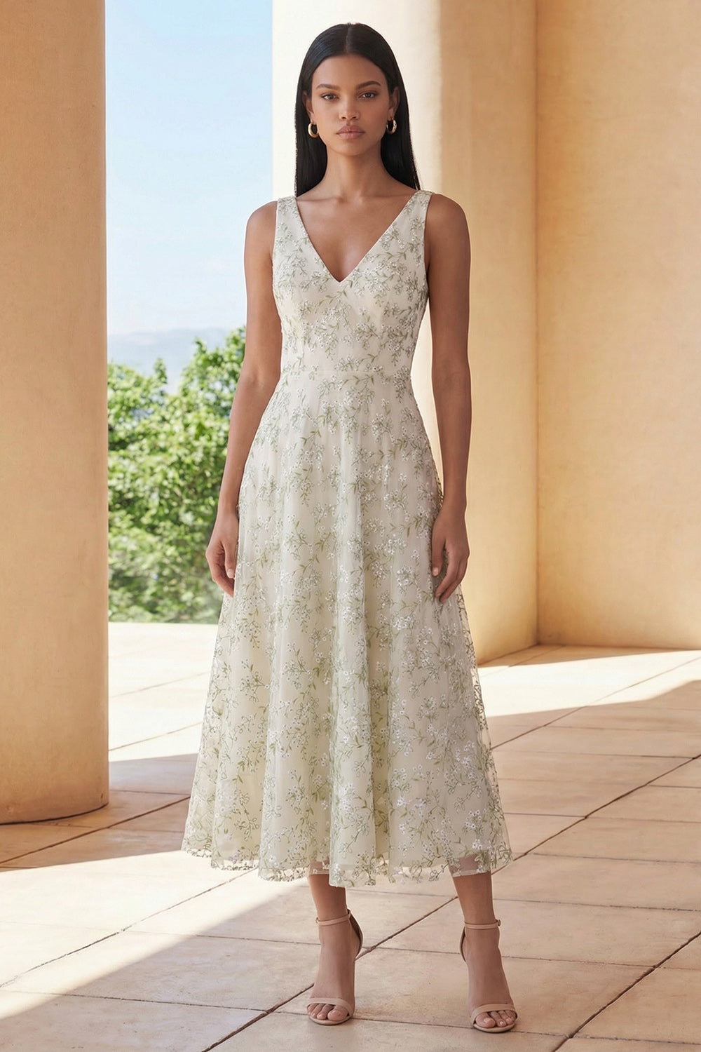 Light Green Floral V-Neck A Line Maxi Wedding Guest Dress