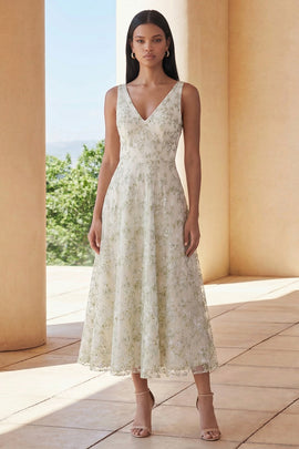 Light Green Floral V-Neck A Line Maxi Wedding Guest Dress