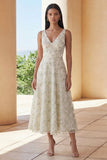 Light Green Floral V-Neck A Line Maxi Wedding Guest Dress