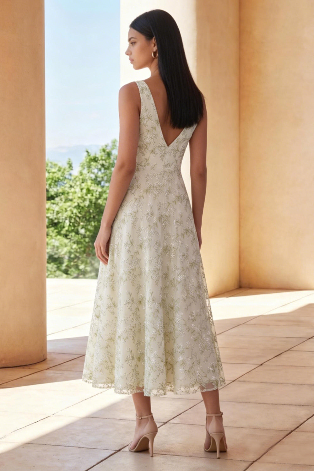 Light Green Floral V-Neck A Line Maxi Wedding Guest Dress