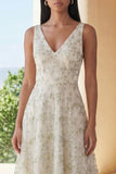 Light Green Floral V-Neck A Line Maxi Wedding Guest Dress