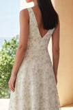 Light Green Floral V-Neck A Line Maxi Wedding Guest Dress