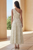 One Shoulder A Line Light Green Floral Maxi Wedding Guest Dress