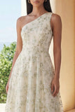 One Shoulder A Line Light Green Floral Maxi Wedding Guest Dress
