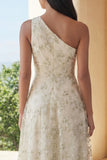 One Shoulder A Line Light Green Floral Maxi Wedding Guest Dress