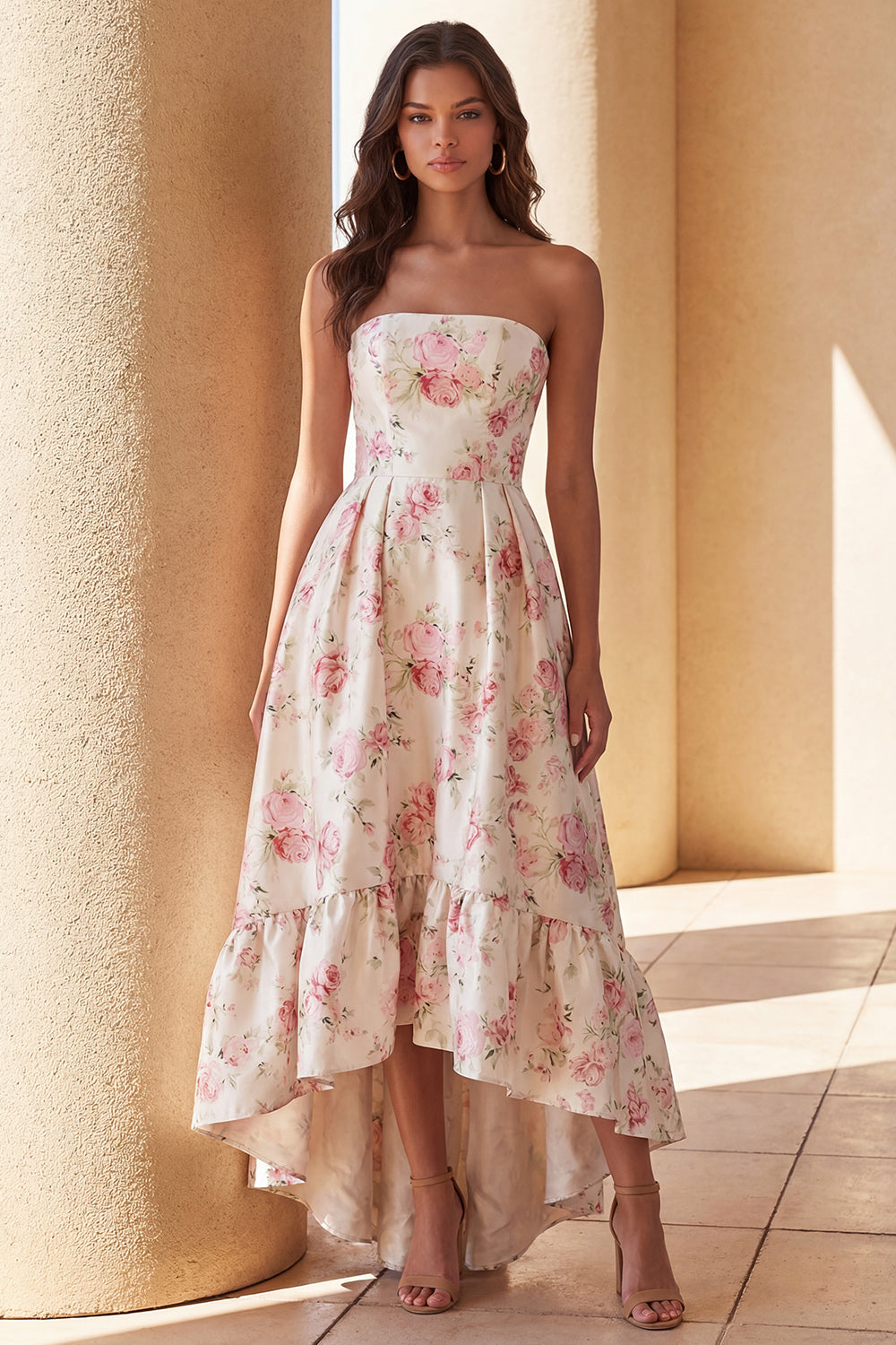 White Pink Floral Strapless A Line High-Low Wedding Guest Dress