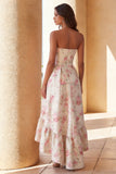 White Pink Floral Strapless A Line High-Low Wedding Guest Dress