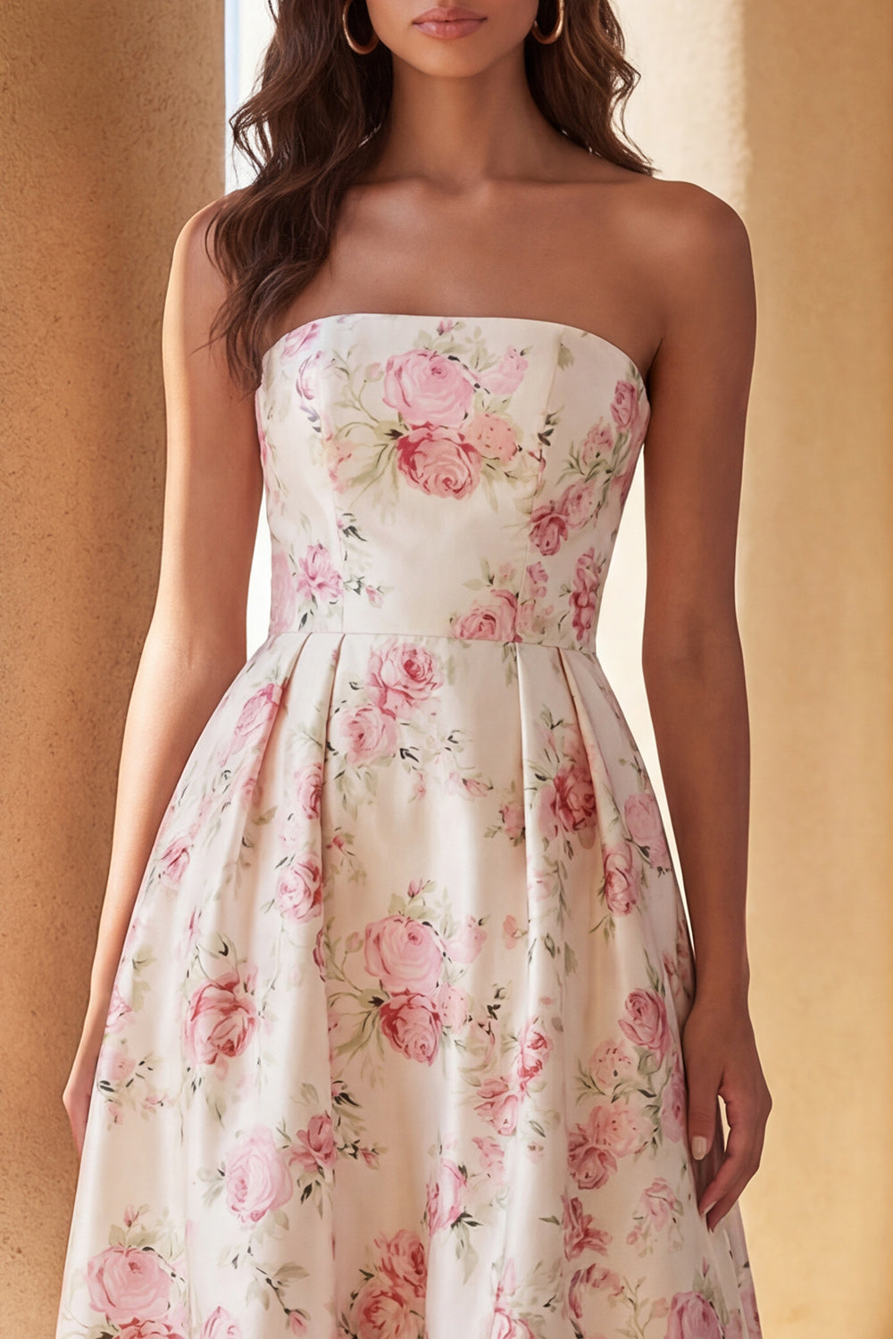 White Pink Floral Strapless A Line High-Low Wedding Guest Dress
