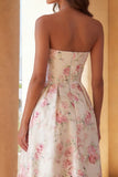 White Pink Floral Strapless A Line High-Low Wedding Guest Dress