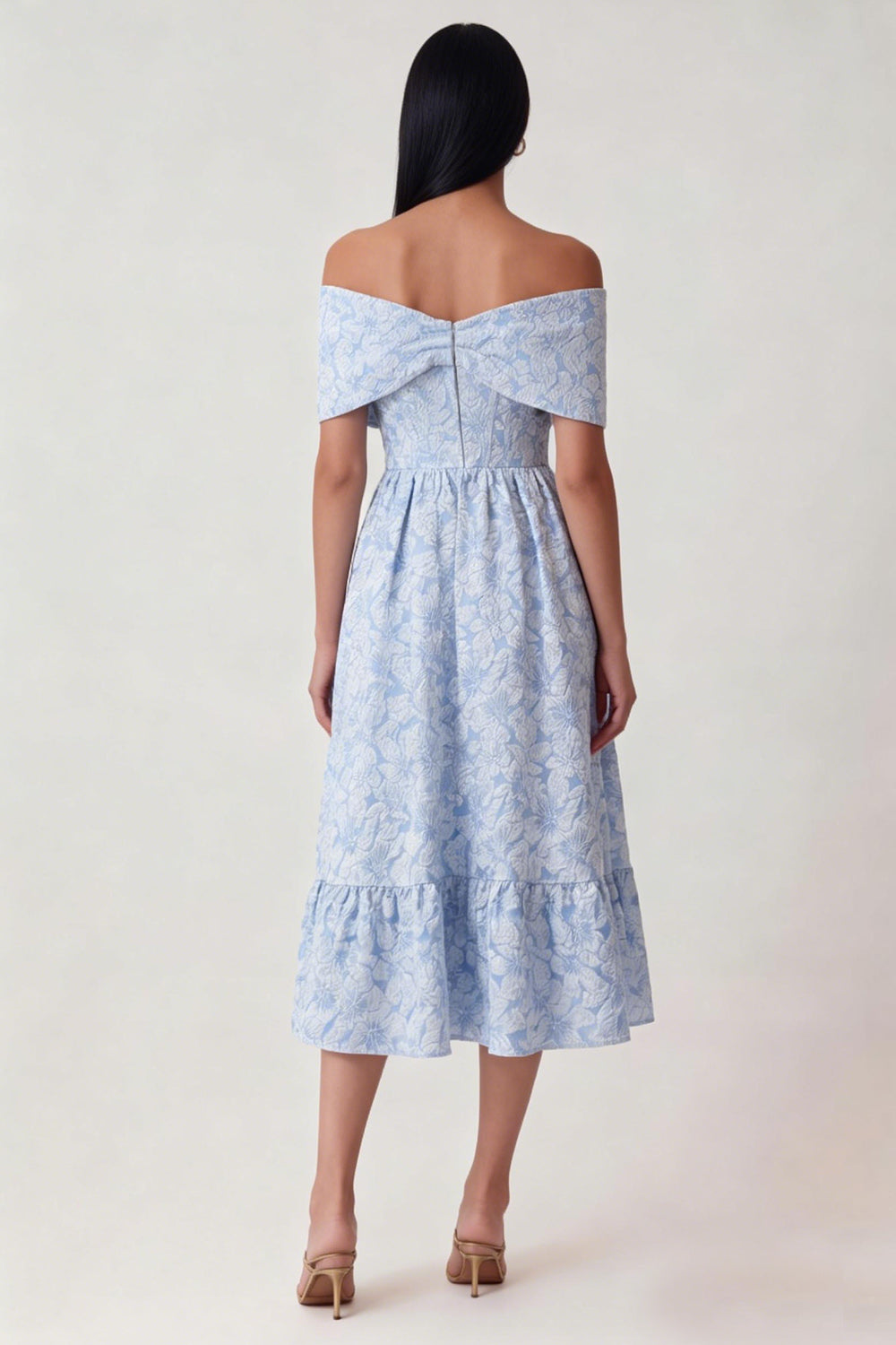 Off The Shoulder A Line Blue Floral Maxi Wedding Guest Dress
