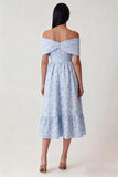 Off The Shoulder A Line Blue Floral Maxi Wedding Guest Dress
