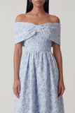 Off The Shoulder A Line Blue Floral Maxi Wedding Guest Dress