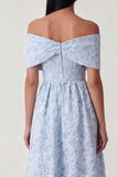Off The Shoulder A Line Blue Floral Maxi Wedding Guest Dress