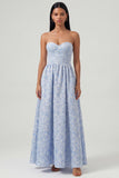 Sweetheart Corset A Line Blue Floral Maxi Wedding Guest Dress
