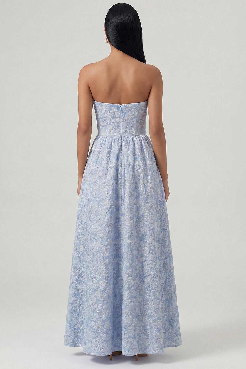Sweetheart Corset A Line Blue Floral Maxi Wedding Guest Dress