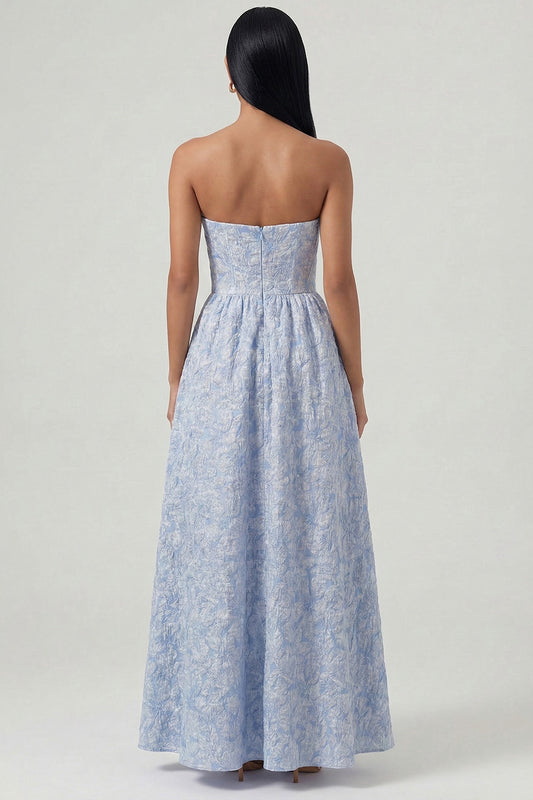 Sweetheart Corset A Line Blue Floral Maxi Wedding Guest Dress