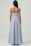 Sweetheart Corset A Line Blue Floral Maxi Wedding Guest Dress
