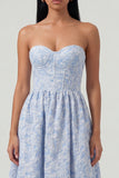 Sweetheart Corset A Line Blue Floral Maxi Wedding Guest Dress
