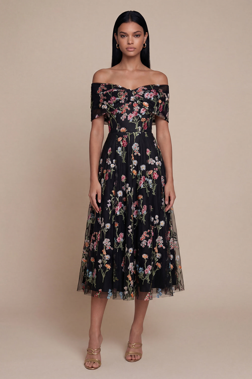 Flower Embroideried Corset Off The Shoulder A Line Maxi Wedding Guest Dress