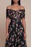 Flower Embroideried Corset Off The Shoulder A Line Maxi Wedding Guest Dress