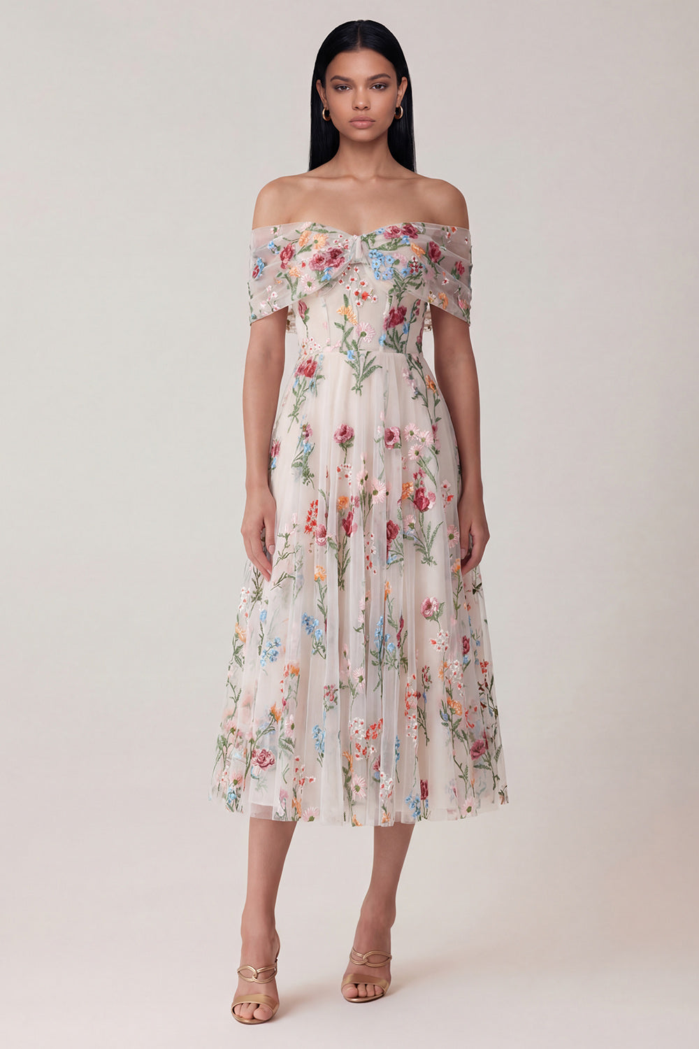 Flower Embroideried Corset Off The Shoulder A Line Maxi Wedding Guest Dress
