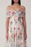 Flower Embroideried Corset Off The Shoulder A Line Maxi Wedding Guest Dress