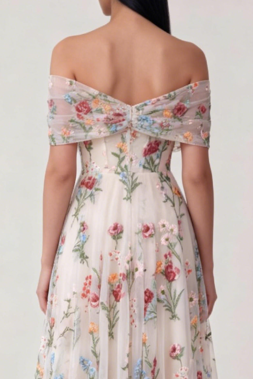 Flower Embroideried Corset Off The Shoulder A Line Maxi Wedding Guest Dress