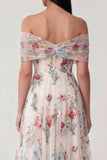 Flower Embroideried Corset Off The Shoulder A Line Maxi Wedding Guest Dress