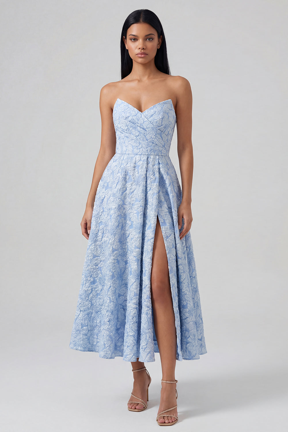 Strapless A Line Blue Floral Maxi Wedding Guest Dress with Slit