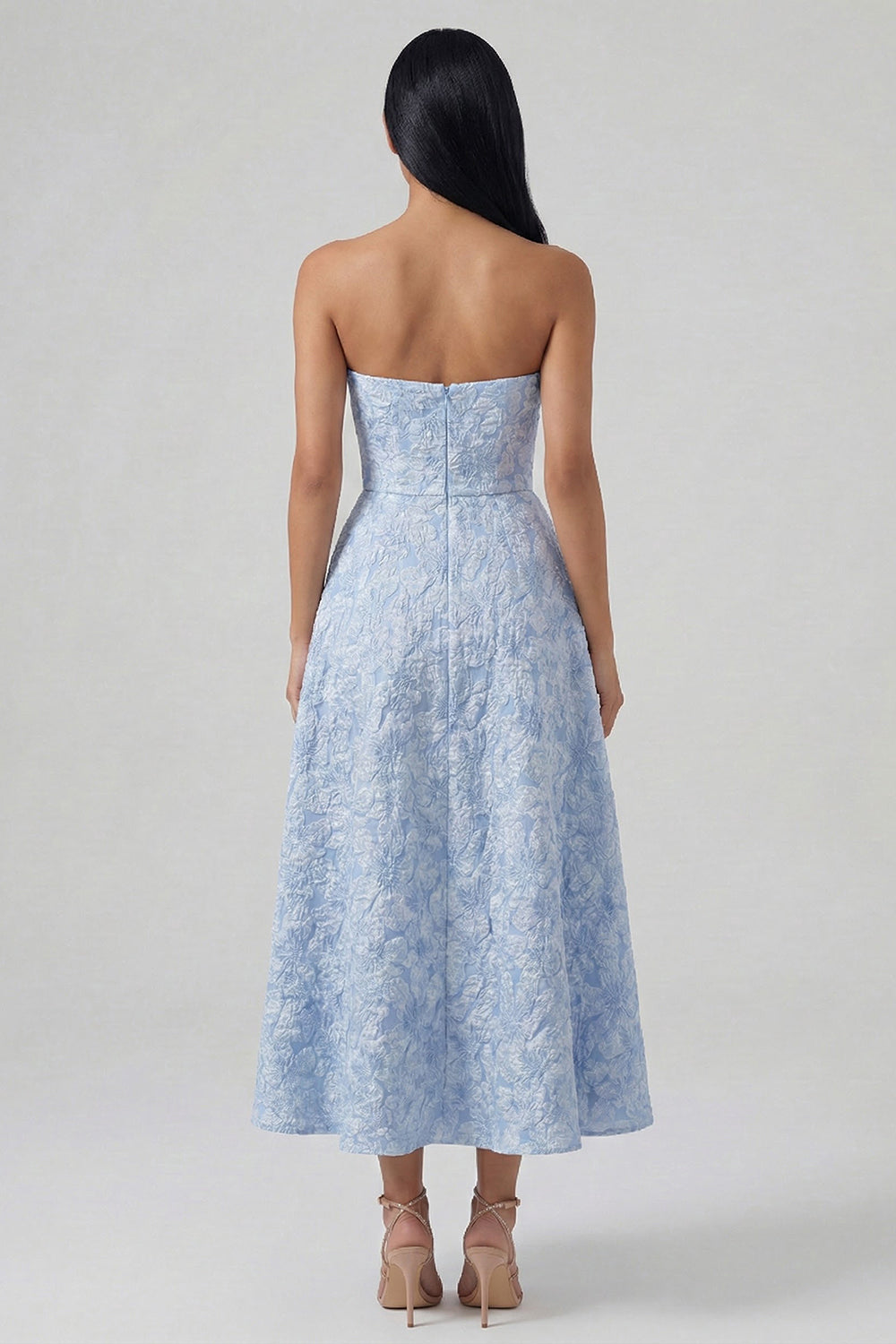 Strapless A Line Blue Floral Maxi Wedding Guest Dress with Slit
