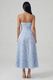 Strapless A Line Blue Floral Maxi Wedding Guest Dress with Slit