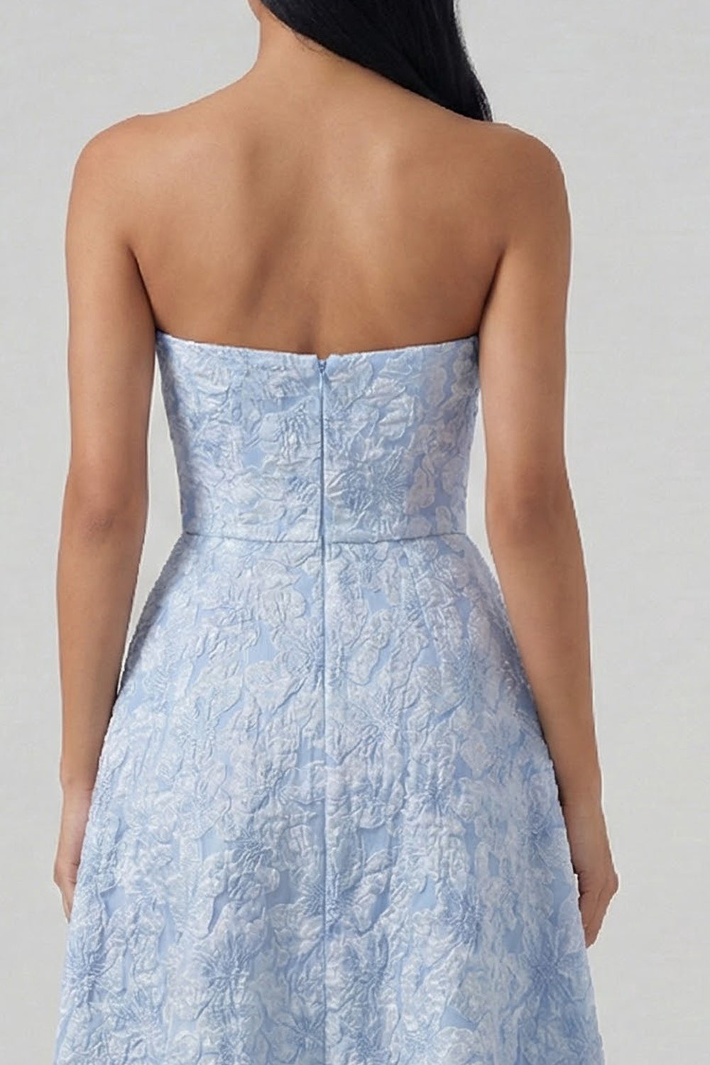 Strapless A Line Blue Floral Maxi Wedding Guest Dress with Slit