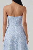 Strapless A Line Blue Floral Maxi Wedding Guest Dress with Slit