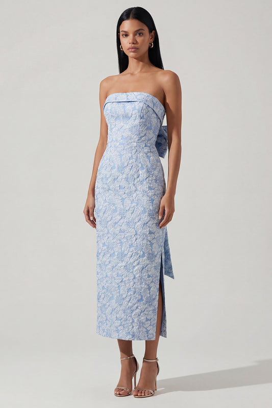 Strapless Sheath Blue Floral Maxi Wedding Guest Dress with Bow