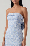 Strapless Sheath Blue Floral Maxi Wedding Guest Dress with Bow
