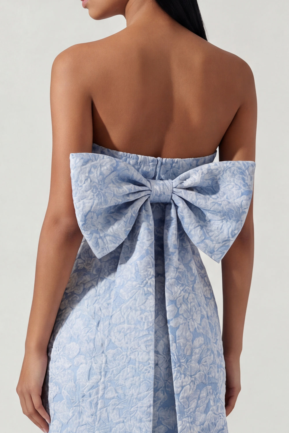 Strapless Sheath Blue Floral Maxi Wedding Guest Dress with Bow