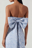 Strapless Sheath Blue Floral Maxi Wedding Guest Dress with Bow