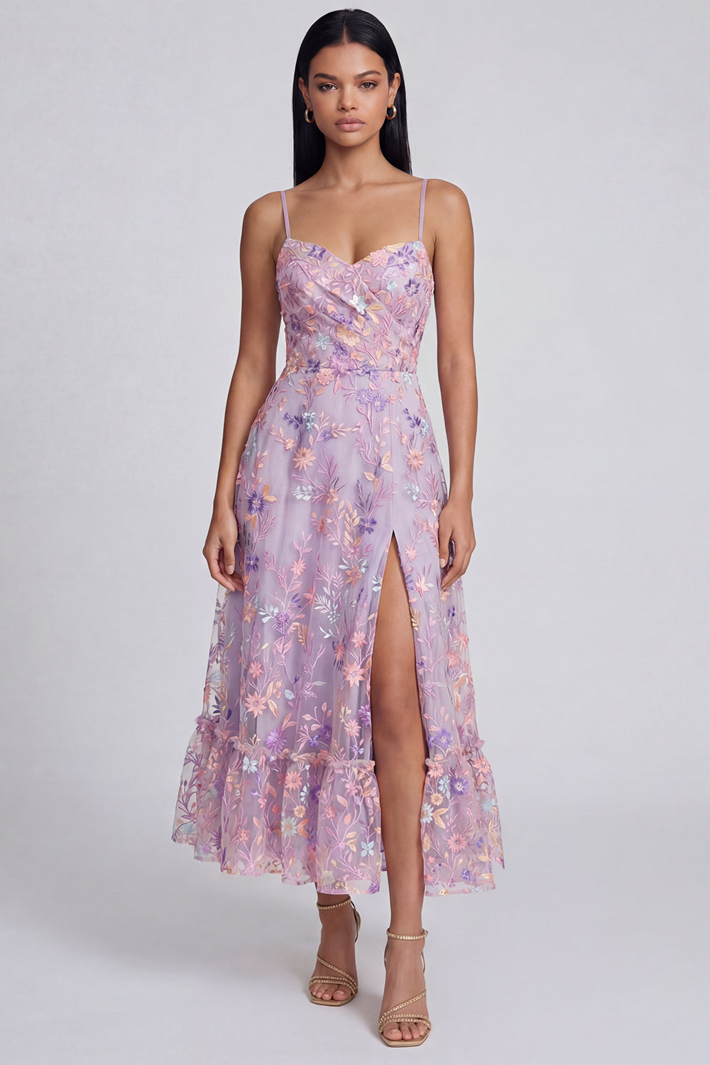 Lilac Floral Spaghetti Straps A Line Maxi Wedding Guest Dress with Slit